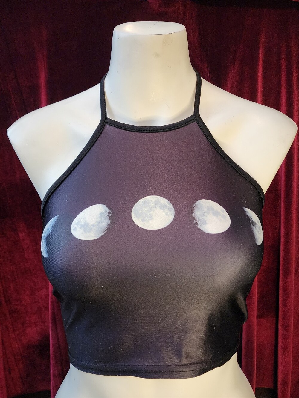 Moon-Phase Black Halter Crop Top